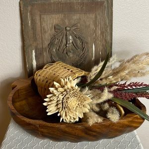 Vintage Large Hand Carved Teak Leaf Bowl Fall Decor & Spoon